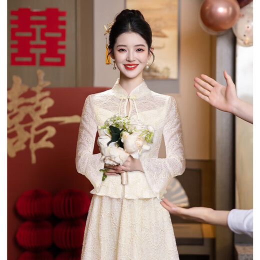 Libaixin new Chinese style light national style suit skirt women's high-end two-piece cheongsam engagement dress champagne color bridal toast dress champagne color M recommended 90-100Jin Jin equals 0.5 kg