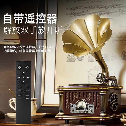 Los Bella Home Retro Phonograph European Living Room Solid Wood Antique Record Player Ornament Model Bluetooth Audio American Simulation Vinyl Record Player Classical Model 1906 Coffee Color-Upgraded CD Model/Charging and Plug-in Dual-use