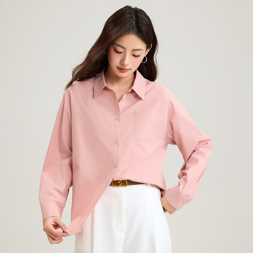 INMAN Simple Commuting Long Sleeve Shirt Women's 2025 Autumn Professional Versatile Embroidered Loose Stacking Shirt Top Lotus Pink-18538749 S