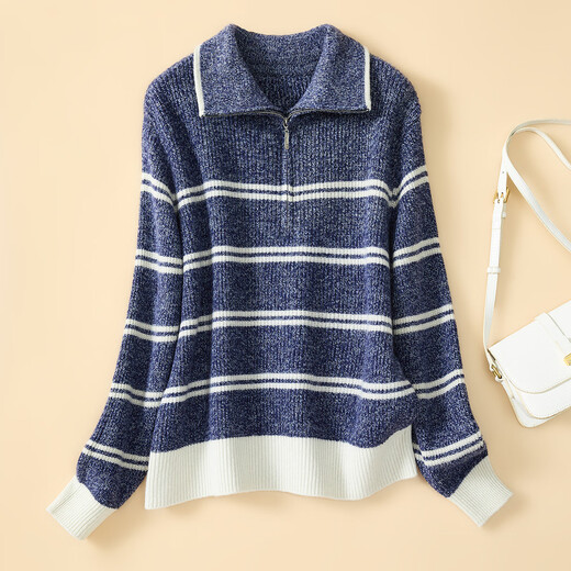 Golden chrysanthemum yarn gold silk sheep wool winter new style lapel half zipper striped fashion casual sweater women's wool sweater