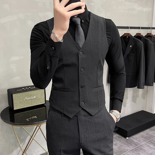 ROMON Slim Suit Vest Suit Male Wedding Groomsmen Group Dress Business Casual Large Size Work Wear Vest Top Black Single Vest M