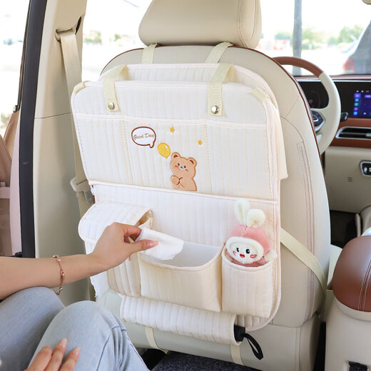 Car seat back storage bag cartoon multifunctional car folding small dining table in-car seat back hanging storage box cotton bear rabbit - foldable dining table + trash can