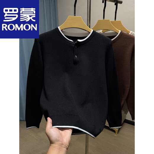 Romon two-button Henry collar sweater men's autumn and winter trendy long-sleeved bottoming shirt men's fake two-piece sweater black L 170