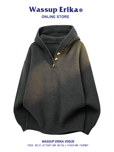 Pupan WASSUP ERIKA American Henley Collar Hooded Sweater Men's Lazy Autumn and Winter Loose Knitwear Casual Jacket Velvet White M100-120Jin Jin is equal to 0.5kg Wearable One Size