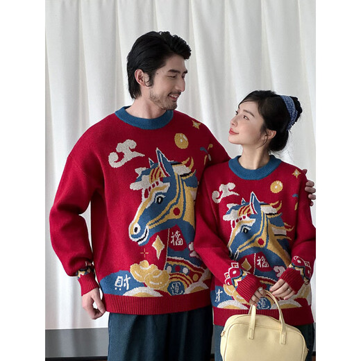 Disney (Disney) Year of the Horse parent-child outfits for a family of three or four, winter red sweater sweaters for boys and girls, New Year's greetings clothes, mother-daughter and mother-child coats, Yunshang Horse Sweater 80 cm