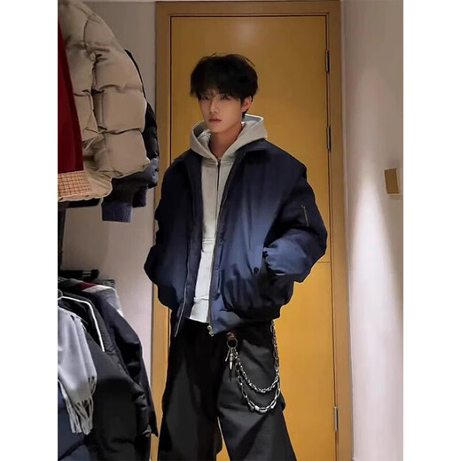 Shelley Jones American cleanfit jacket men's autumn high-end handsome lapel navy blue bomber jacket baseball uniform navy L recommended 110-125Jin Jin equals 0.5 kg