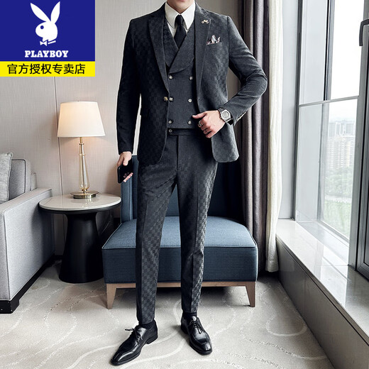 Playboy suit suit men's three-piece slim coat plaid small suit professional formal suit groom handsome wedding dress trendy dark gray suit + vest + trousers + free white shirt + black tie L