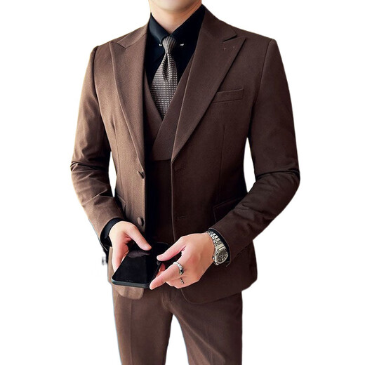 GOLDLION G+Goldlion High Quality Wool Suit Suit Men's Business Casual Formal Patch Collar Suit Groomsman Gift Black Suit+White Shirt+Vest+Pants Two Buttons XL