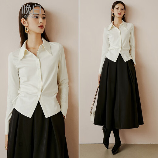 Late white new product 2025 autumn cotton fashion shirt casual lapel solid color skin-friendly commuting shirt for women off-white S