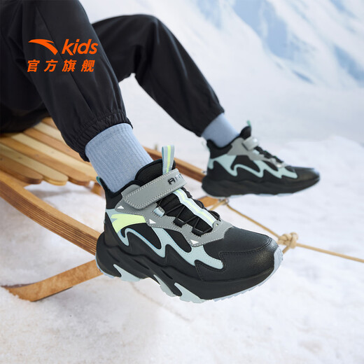 ANTA children's cotton shoes for men and women, big children, autumn and winter new leather waterproof, anti-slip, velvet and Velcro outdoor high-top snow boots. Recommended by the store manager. Black/thin blue/cold gray-2 37. Shoe inner length 23.5cm