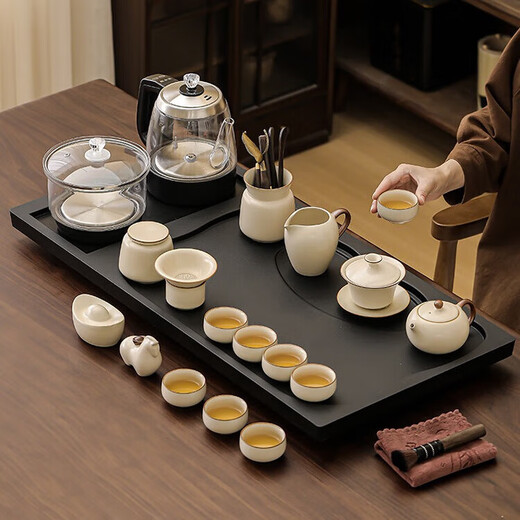 Ru Kiln Kung Fu Tea Set Home 2025 New High-end Black Gold Stone Fully Automatic Water Boiling Integrated Tea Tray Fengming Pot Set | Plain Cloth Qingyun Middle Plate + Electrical Appliances