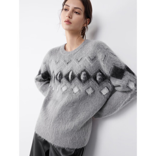 ELLE sheep wool mohair retro jacquard sweater for women 2025 winter new loose lazy sweater medium gray L