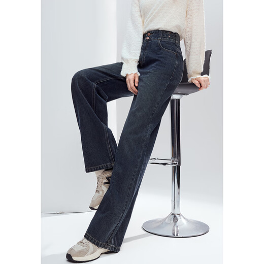 Betu Women's 2025 Winter New Denim Wide Leg Pants Retro Washed High Waist Slim Cotton Feel Pants 2510T86 Dark Denim Blue L