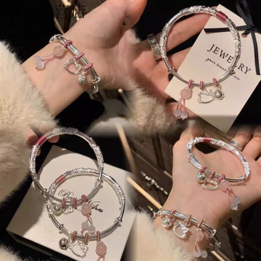 KZD2025 spring and summer new style 999 pure silver kitty silver bracelet sterling silver solid bell bracelet ins high-value bracelet flower kitty bell 28g with certificate gift box old