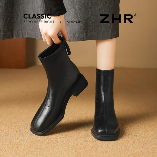 ZHR square toe short boots for women 2025 winter new style plus velvet style small short boots thin boots BL663A black 38