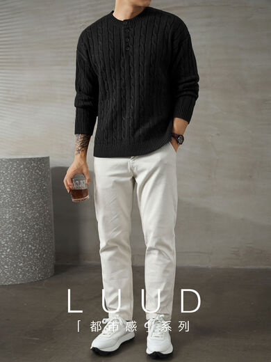 LUUD light luxury Henley collar black sweater men's twist texture high elastic core-spun yarn sweater black S S95-110Jin Jin equals 0.5 kg