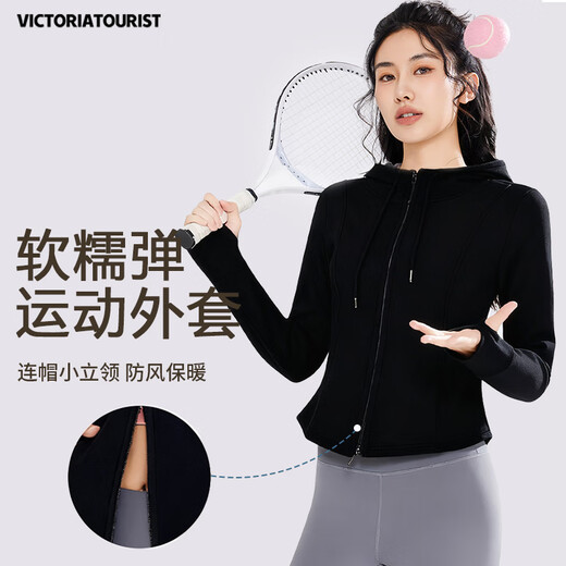 VICTORIATOURIST Sports Jacket Yoga Wear Women's Top Double Zipper Pilates Fitness Clothing Running Training Sportswear Black L