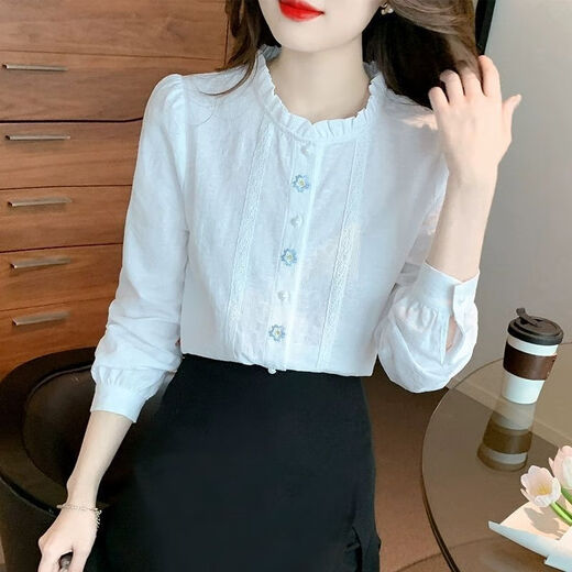 Ling Yue fungus collar pure cotton long-sleeved shirt women's autumn 2025 new fashion age-reducing jacquard inner bottoming shirt top fashion white L recommended 105-114 Jin Jin equals 0.5 kg
