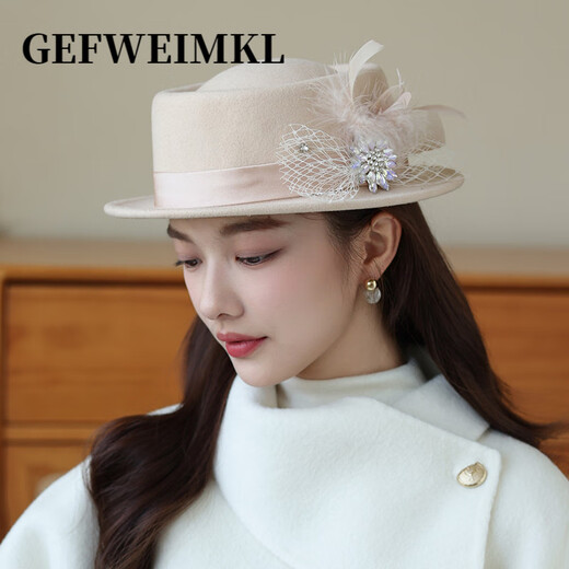 GEFWEIMKL merino wool hat women's autumn and winter new fashion versatile Hepburn style wool fisherman hat flat top ladies hat off-white M (56-58cm)