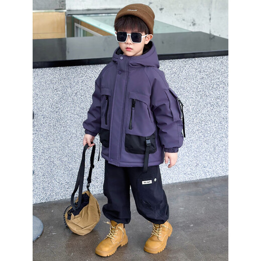 Burwilde International Brand Boys Autumn and Winter Velvet Jacket 2025 New Children's Handsome Workwear Jackets Trendy and Cool Boys Winter Purple 110 cm