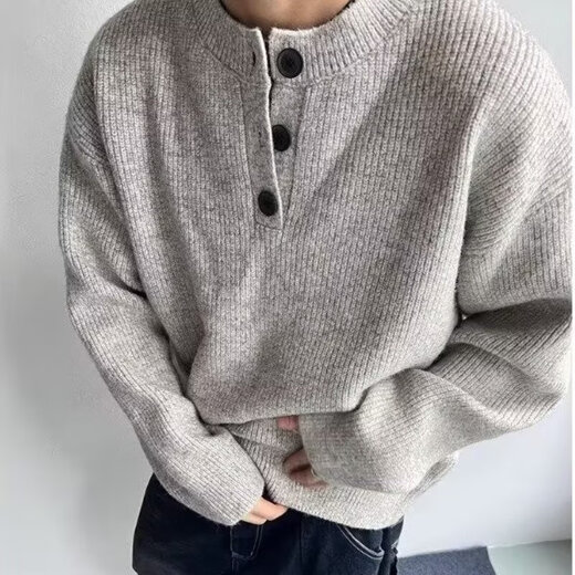 POUM gray American retro Henry collar sweater men's winter lazy style high-end knitted sweater cleanfit jacket TCFS-587 gray M