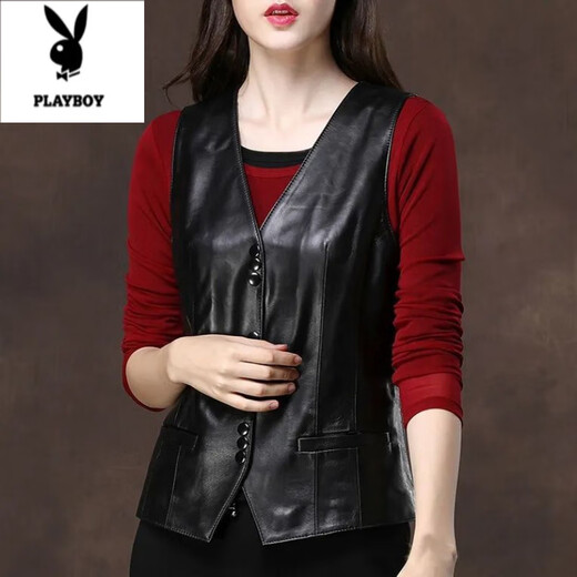 Playboy (PLAYBOY) PU leather vest for women 2025 spring and autumn new versatile short sleeveless imitation sheepskin waistcoat vest jacket top black thin L recommended 110-125Jin Jin equals 0.5 kg