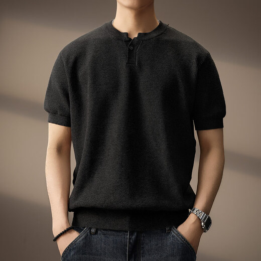 Noble color high-end American retro heavyweight Henry collar short-sleeved Polo shirt for men old money style casual half-sleeved repair black M suitable for 100-120Jin Jin equals 0.5 kg