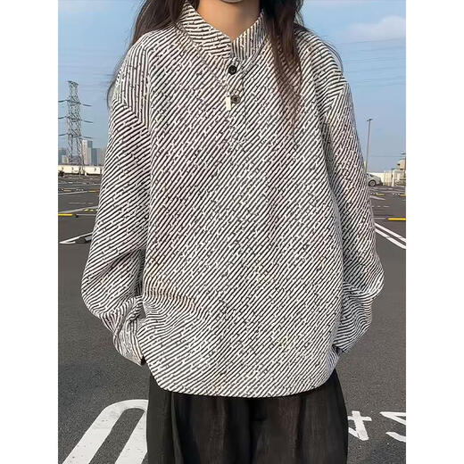 Introducing American retro Henry collar twill chenille long-sleeved T-shirt men's autumn casual sweatshirt large size loose bottoming shirt white gray L