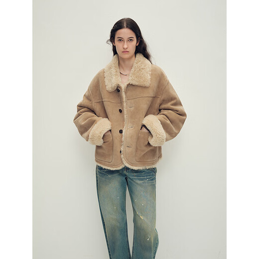 Fu Zhien Christmas Market Contrast Lapel Shaved Pressed Merino Fur One-piece Fur Short Jacket Light Khaki Australian Imported Matte Velvet Merino M