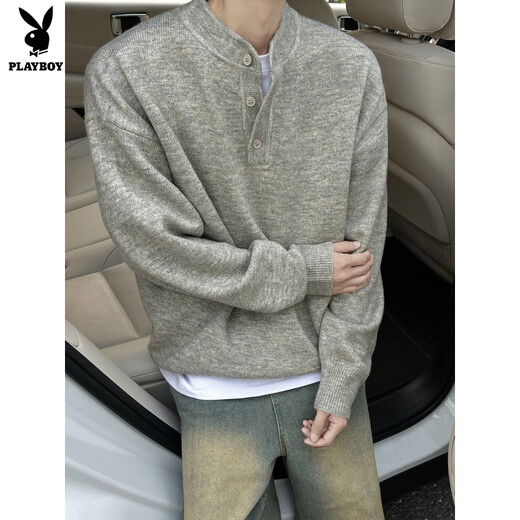 Playboy cleanfit henley collar sweater men's autumn and winter warm sweater men's inner long-sleeved base sweater floral gray 2XL 145 to 160 Jin Jin equals 0.5 kg can be worn