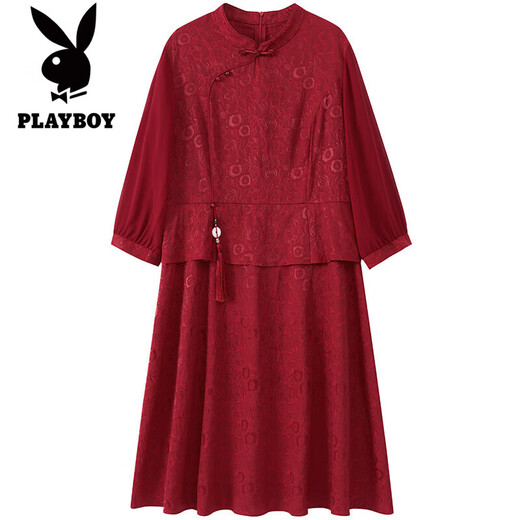 Playboy Happy Mother-in-Law Wedding Banquet Outfit 2025 New Festive Red Chinese Style Dress Happy Mother’s Wedding Engagement Evening Dress Maroon 2XL 135-150Jin Jin is equal to 0.5 kg