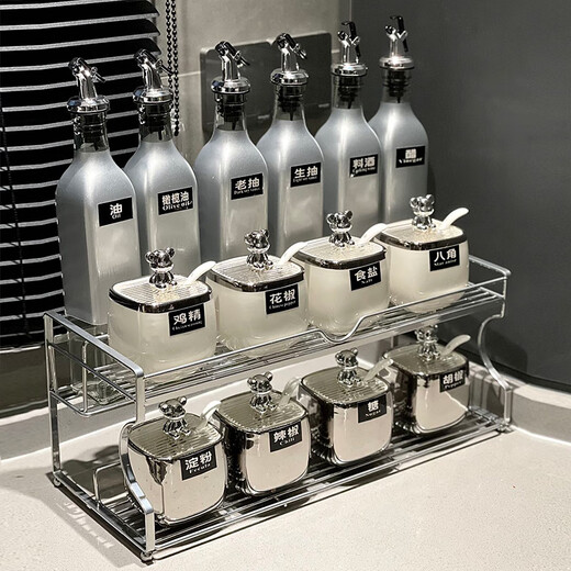 Llama light luxury silver ceramic seasoning box soy sauce bottle combination set kitchen household high-end seasoning jar seasoning bottle complete set double-layer 15-piece set - bear mixed color crown - silver bottle 11-piece set and above