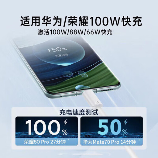 Ruiyang adapts to Huawei charging cable 66W/100W/120W super fast charging original charger head type-c data cable flash charging 6A mobile phone Honor X6/mate70/P50 car 66W fast charging cable 1 meter 3C safety certification