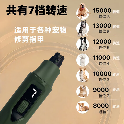 Large pet nail polisher, universal for large, medium and small cats and dogs, LED light rechargeable automatic nail clipper, 7-speed adjustment, green, 7-speed 18.5cm*4cm