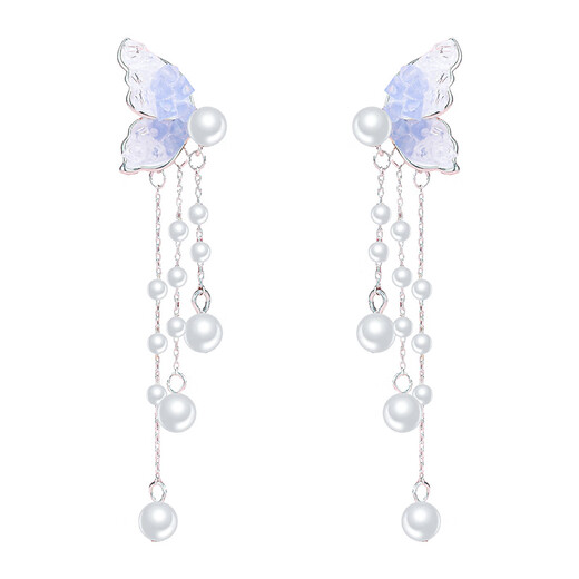 NSYCA Old Phoenix sterling silver 9999 silver needle blue butterfly earrings new pearl tassel earrings suitable for round faces 2389 blue butterfly tassel Lao Fengxiang same style