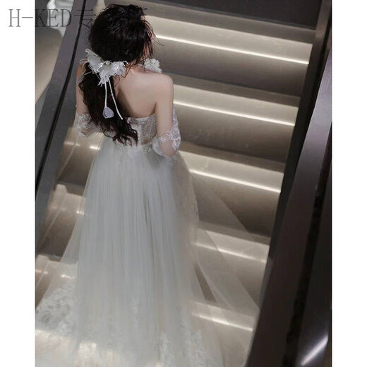 H-KED light wedding dress bridal main yarn high-end French lace tube top fishtail outing yarn temperament tail dress white XL