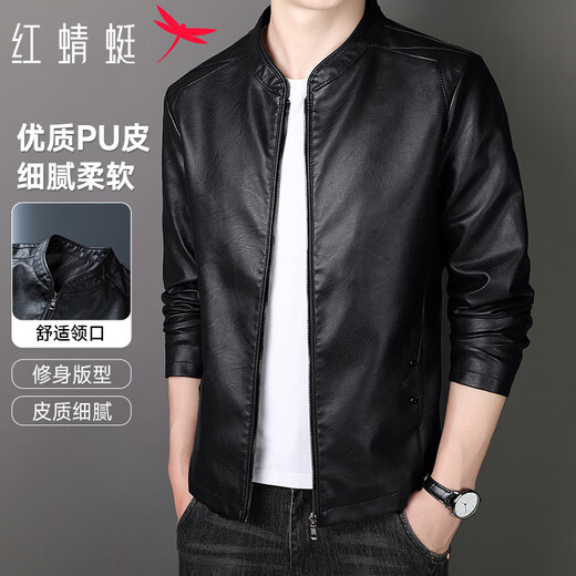RED DRAGONFLY Jacket Men's Commuting Daily Casual Fashion Baseball Collar PU Leather Jacket Versatile and Comfortable Men's Top Jacket Black XL