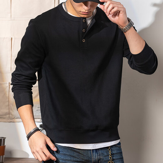 Lupan Black 350g Heavyweight Henley Collar Sweatshirt Men's 2025 Spring American Retro Henley Shirt Bottoming Long Sleeve Black M