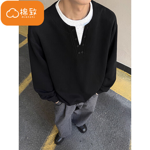Cotton heavy fake two-piece Henry collar sweatshirt for men spring and autumn 2025 new loose simple casual bottoming shirt top X88 black regular high quality 33 2XL 140-160Jin Jin is equal to 0.5 kg