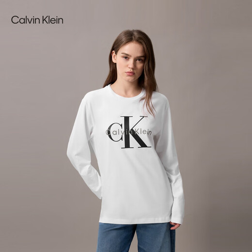 Calvin KleinJeans spring and autumn men and women couples neutral casual commuting ck printed bottoming shirt round neck long-sleeved T-shirt top