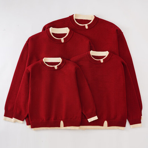 Tong Lou Meng autumn and winter parent-child clothing, family clothing, family clothing for a family of three and four, parent-child thick sweater, double collar, mother-child, mother-daughter family clothing, wine red 140