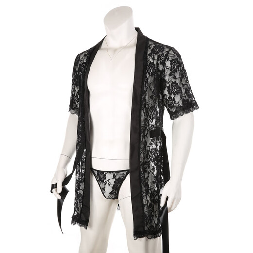 Jiuai Men's Large Size Sexy Temptation Nightgown Lace Bathrobe Home Suit Comes with Thong Half Sleeve Black + Thong M _(170-175CM,60-70KG)