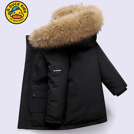 G.duck2025 new winter style boys' down cotton coat, Korean version, medium and large children's thickened mid-length large fur collar cotton coat, trendy black 120 105cm-115cm