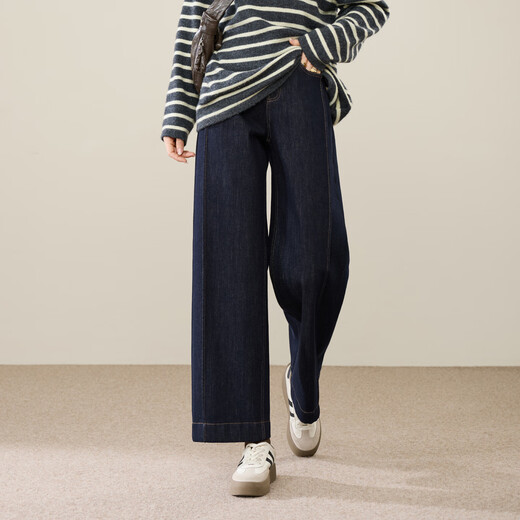 ESE-Y straight-leg jeans for women with velvet for warmth 2025 winter new style loose wide-leg pants dark blue 28