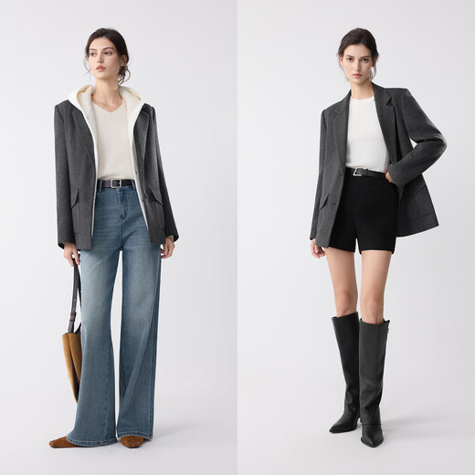 ELLE French Sheep Wool Old Money Style Suit Jacket Women's 2025 Winter New High-end Fashionable Silhouette Suit Dark Gray M