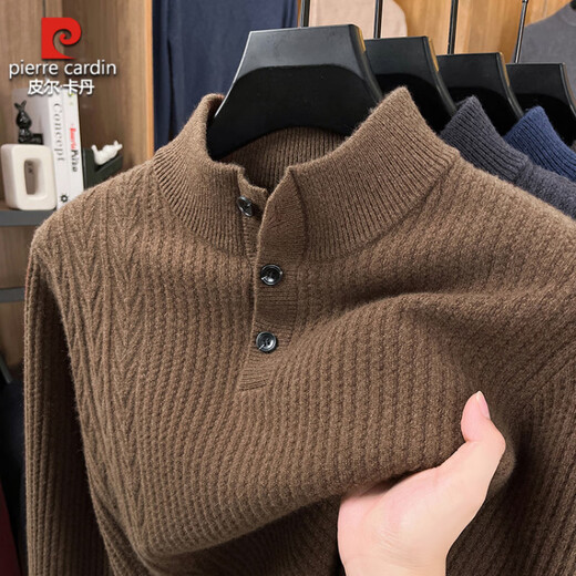 Pierre Cardin Knitted Sweater Men's Autumn and Winter Henley Collar Dad's Wear Men's Business Casual Loose Round Neck Solid Color Bottoming Shirt Warm Navy S 165