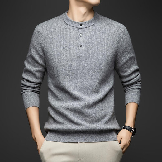 MELLEN 100% pure cashmere sweater Henry collar thickened sweater for men in winter round neck trendy casual warm knitted bottoming shirt navy blue S (165)