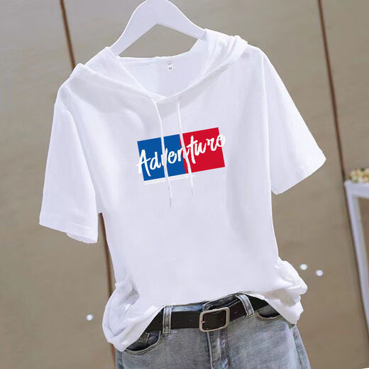Hooded T-shirt for women 2025 short-sleeved summer loose half-sleeved casual slimming and age-reducing fashionable sweatshirt for women white T-shirt trendy white-baseball cap M 90Jin Jin equals 0.5kg to wear below