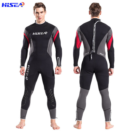 HiSEA men's and women's 3mm one-piece warm wetsuit thickened swimsuit outdoor surfing jellyfish wetsuit black gray red L