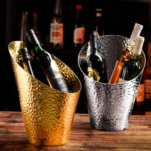 He Jiagong metal champagne bucket thickened stainless steel ice bucket red wine chilled bar club cooling bucket model room accessories silver bevel hammer point craft ice bucket